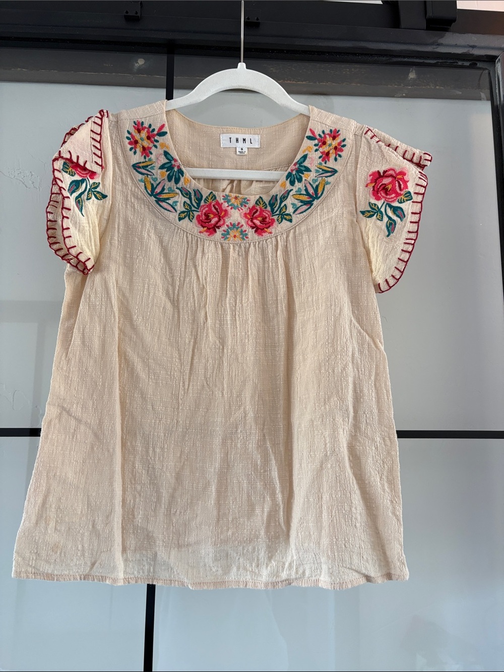 THML Cream Peasant Top with Multicolor Floral Embroidery